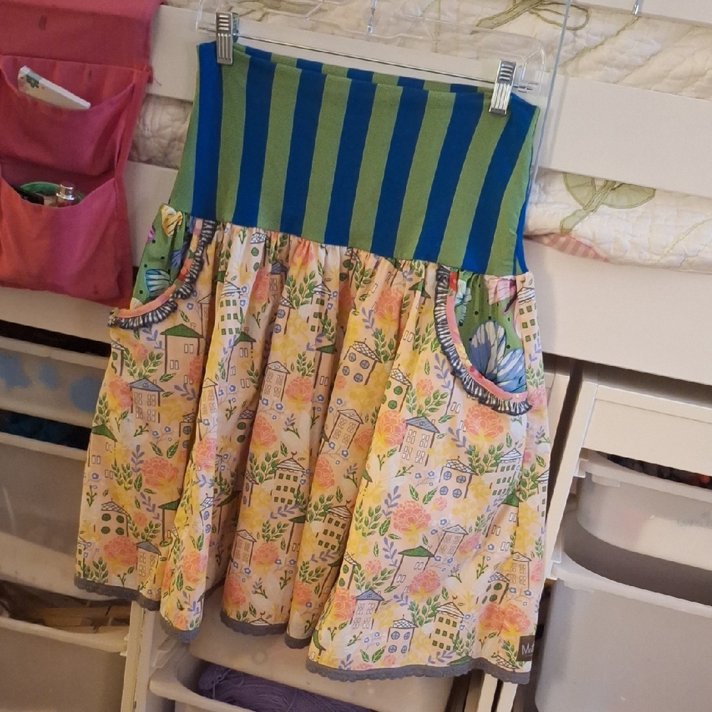 Matilda Jane Blue and Green Striped Skirt with Floral Print